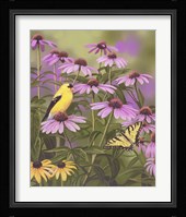 Butterfly & Finch Amongst Flowers Fine Art Print