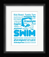 Swimming Word Cloud - Blue Framed Print
