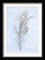 Silver Foil Feather I on Blue - Metallic Foil Framed Print