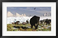 Woolly Mammoths and Woolly Rhinos in a Prehistoric Landscape Framed Print