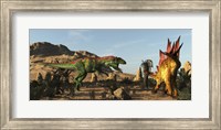 A Saurophaganax Dinosaur Attacks A Stegosaurus Fine Art Print