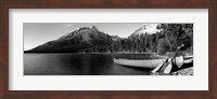 Canoe in lake in front of mountains, Leigh Lake, Rockchuck Peak, Teton Range, Wyoming Fine Art Print
