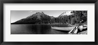 Canoe in lake in front of mountains, Leigh Lake, Rockchuck Peak, Teton Range, Wyoming Fine Art Print