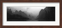 River passing through a hill range, Guilin Hills, Li River, Yangshuo, China BW Fine Art Print