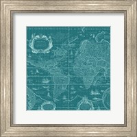 Blueprint World Map, teal Fine Art Print