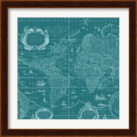 Blueprint World Map, teal Fine Art Print