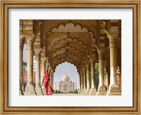 Woman in traditional Sari walking towards Taj Mahal Fine Art Print