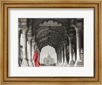Woman in traditional Sari walking towards Taj Mahal (BW) Fine Art Print