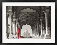 Woman in traditional Sari walking towards Taj Mahal (BW) Fine Art Print