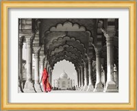 Woman in traditional Sari walking towards Taj Mahal (BW) Fine Art Print