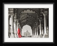 Woman in traditional Sari walking towards Taj Mahal (BW) Fine Art Print