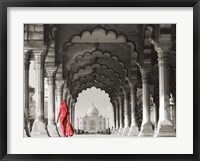 Woman in traditional Sari walking towards Taj Mahal (BW) Framed Print