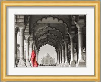 Woman in traditional Sari walking towards Taj Mahal (BW) Fine Art Print