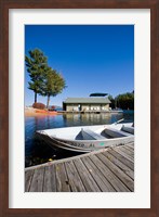 Skiff and boathouse at Oliver Lodge on Lake Winnipesauke, Meredith, New Hampshire Fine Art Print