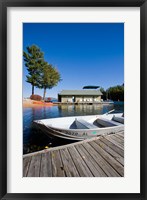 Skiff and boathouse at Oliver Lodge on Lake Winnipesauke, Meredith, New Hampshire Fine Art Print