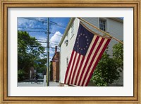 New Hampshire, Portsmouth, Strawberry Banke Historic Area, building with US flag Fine Art Print