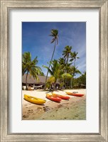 Kayak on the beach, and waterfront bure, Mamanuca Islands, Fiji Fine Art Print