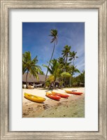 Kayak on the beach, and waterfront bure, Mamanuca Islands, Fiji Fine Art Print