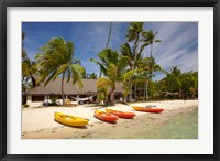 Kayak on the beach, and waterfront bure, Plantation Island Resort, Malolo Lailai Island, Mamanuca Islands, Fiji Fine Art Print