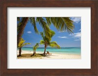 Beach, palm trees and lounger, Plantation Island Resort, Malolo Lailai Island, Mamanuca Islands, Fiji Fine Art Print