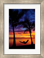 Woman in hammock, and palm trees at sunset, Coral Coast, Viti Levu, Fiji Fine Art Print