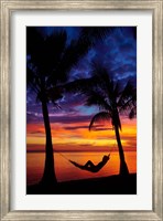 Woman in hammock, and palm trees at sunset, Coral Coast, Viti Levu, Fiji Fine Art Print