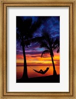 Woman in hammock, and palm trees at sunset, Coral Coast, Viti Levu, Fiji Fine Art Print