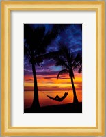 Woman in hammock, and palm trees at sunset, Coral Coast, Viti Levu, Fiji Fine Art Print