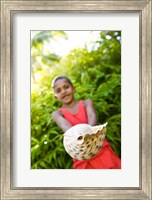 Village boy with large sea shell, Beqa Island, Fiji Fine Art Print