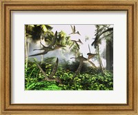 A flock of Pterodactylus reptiles fly over the jungle searching for their next meal Fine Art Print