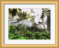 A flock of Pterodactylus reptiles fly over the jungle searching for their next meal Fine Art Print