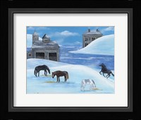 Horses In Snow By River Folk Art Fine Art Print