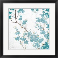 Teal Cherry Blossoms II on Cream Aged no Bird Framed Print