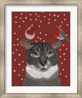 Grey Cat and Robins Fine Art Print