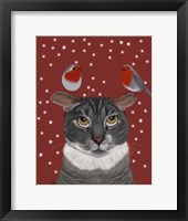 Grey Cat and Robins Fine Art Print