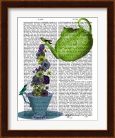 Teapot, Cup and Flowers, Green and Blue Fine Art Print