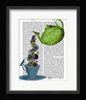 Teapot, Cup and Flowers, Green and Blue Fine Art Print