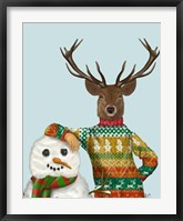 Deer in Christmas Sweater with Snowman Fine Art Print