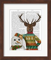 Deer in Christmas Sweater with Snowman Fine Art Print