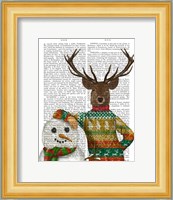 Deer in Christmas Sweater with Snowman Fine Art Print