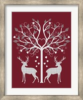 Christmas Des - Deer and Heart Tree, Grey on Red Fine Art Print