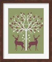 Christmas Des - Deer and Heart Tree, Pink On Green Fine Art Print