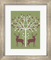 Christmas Des - Deer and Heart Tree, Pink On Green Fine Art Print