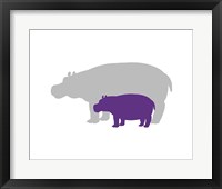 Silhouette Hippo and Calf Purple Framed Print