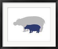 Silhouette Hippo and Calf Navy Framed Print
