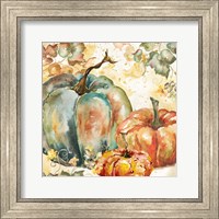 Watercolor Harvest Teal and Orange Pumpkins I Fine Art Print
