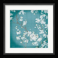 White Cherry Blossoms II on Teal Aged no Bird Framed Print
