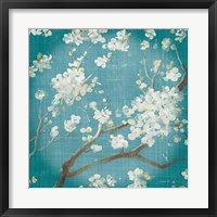 White Cherry Blossoms I on Teal Aged no Bird Fine Art Print