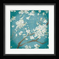 White Cherry Blossoms I on Teal Aged no Bird Fine Art Print