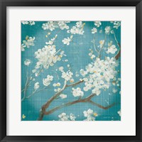 White Cherry Blossoms I on Teal Aged no Bird Fine Art Print